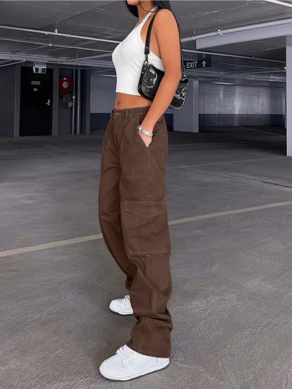 Lepunuo High Waist Baggy Dark Brown Cargo Pants - Size Small
